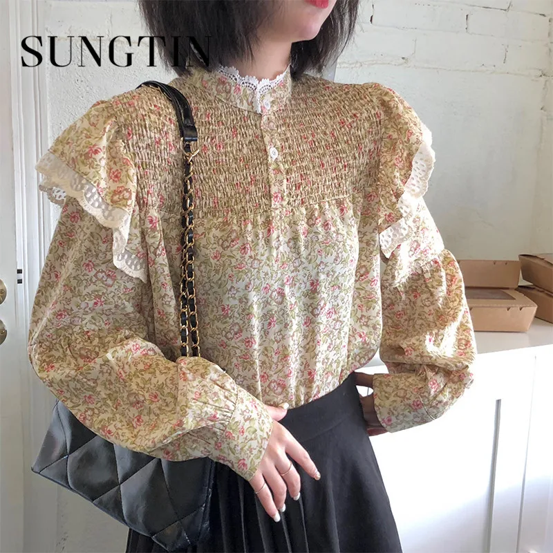 Женская шифоновая блузка с оборками свободная рубашка цветочным принтом в