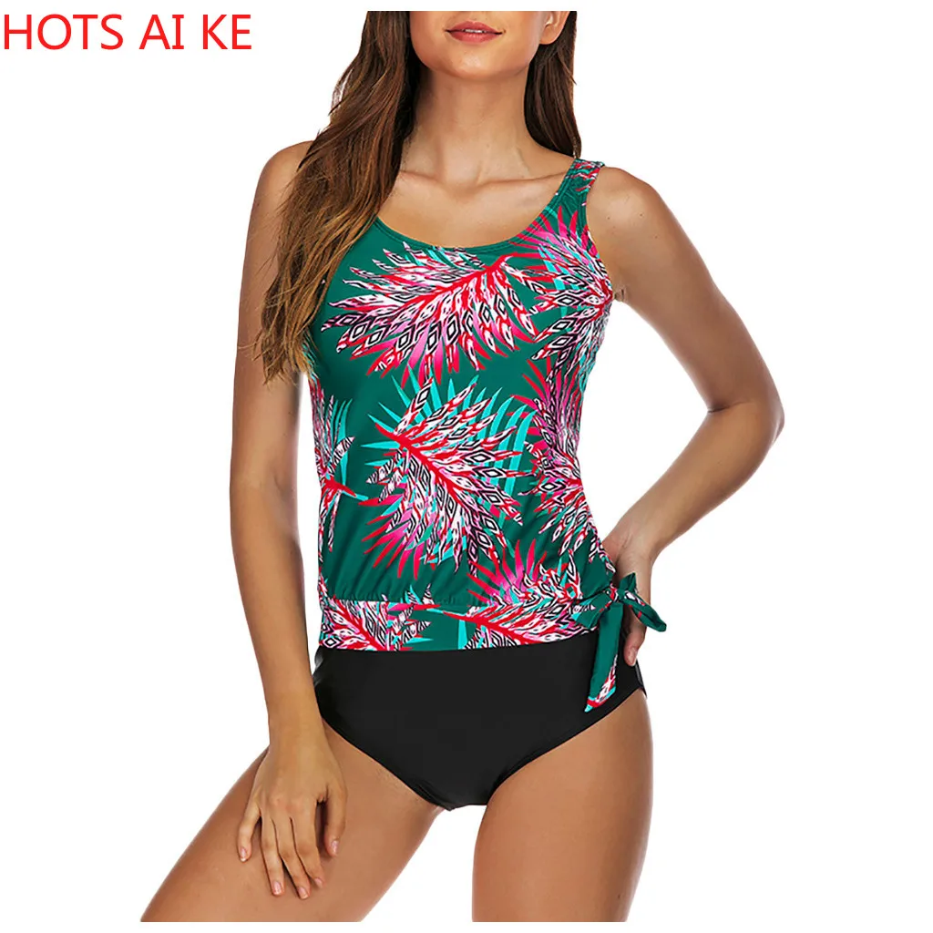 

Plus Size Swimsuit women 2 pieces brazilian Hollow Out Print Patchwork Tankini Set Maillot De Bain Femme Biquini