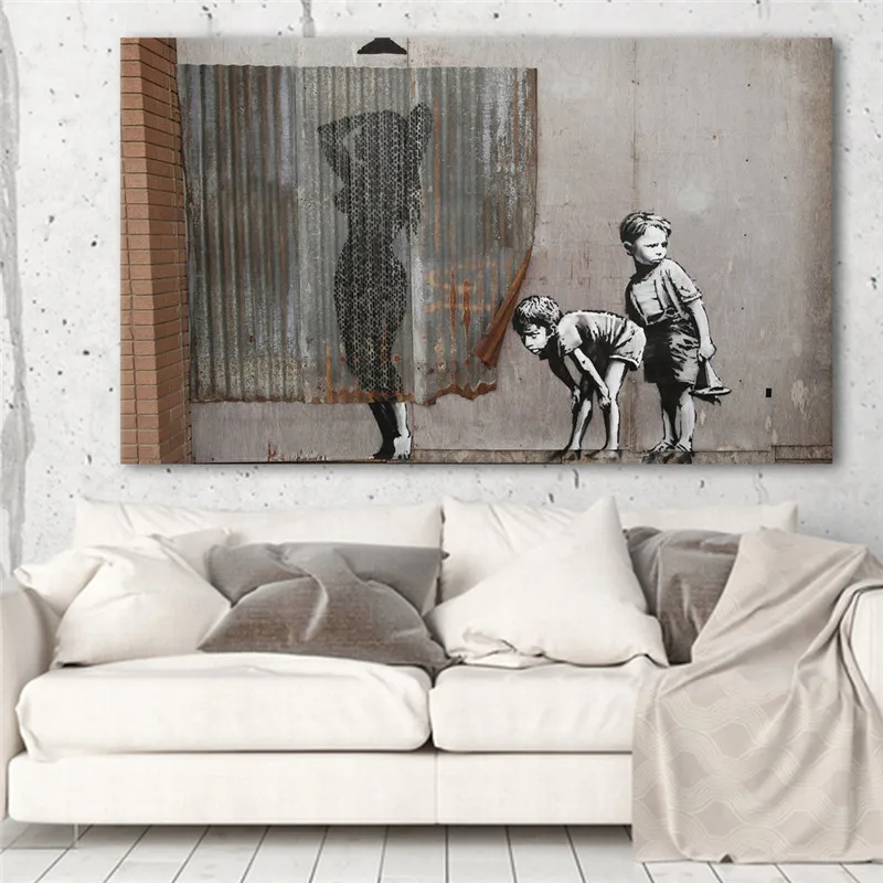 

Modern Satirical Wall Art Decor Boys Peeping Lady Shower Canvas Painting Abstract Graffiti Art Picture Bathroom Home Decoration