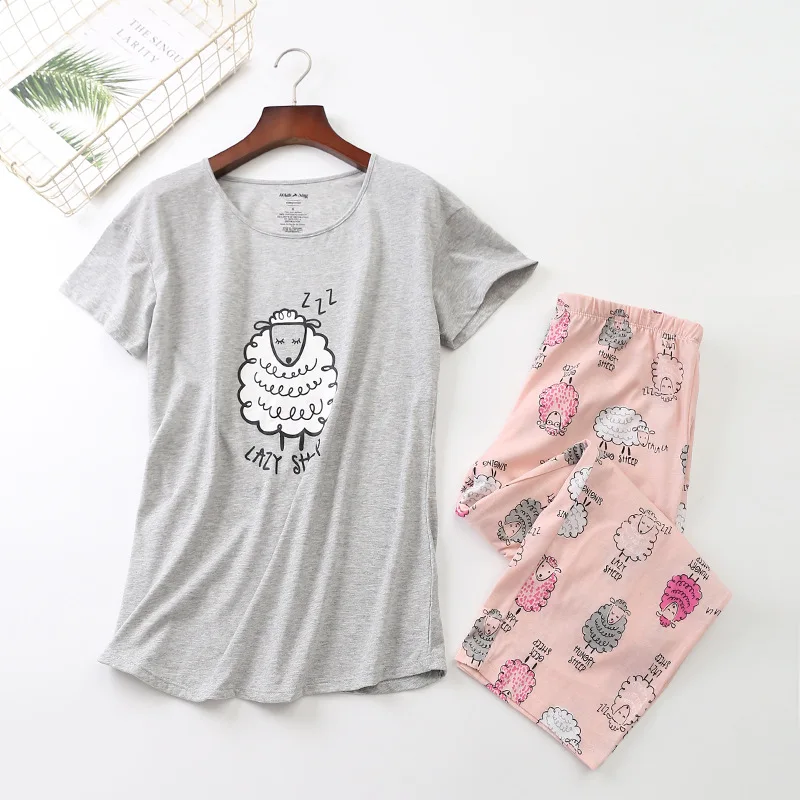 

Cotton Pajamas Set Short Sleeve T-shirt Long Pants 2Piece/Set Summer Sexy Hot Pyjama Big Size Mom Homewear Cozy Plus Sleepwear