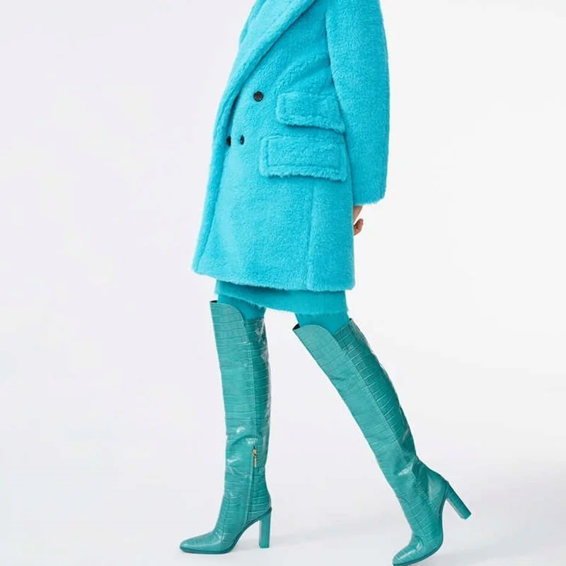 Новые модные брендовые сапоги до колена с острым носком и змеиным принтом из