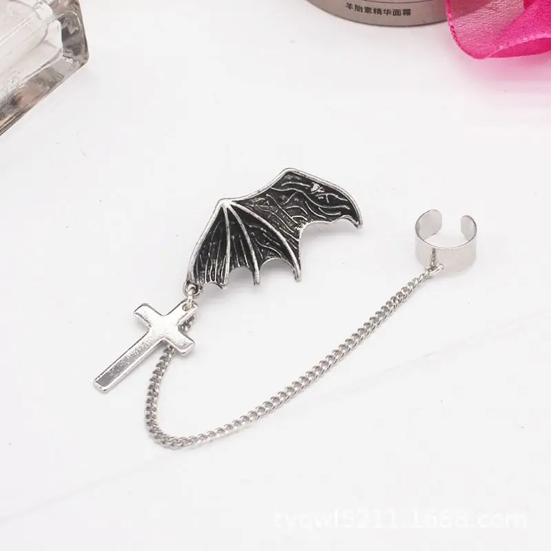 

Vintage Bat Chain Linked Ear Cuff Cross Pendant Earrings Jewelry Unisex E56A