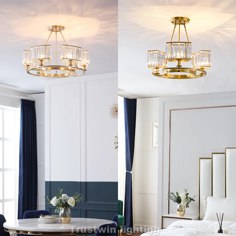 Медный Хрустальный люстра светильник светодиодный круглый фойе столовая