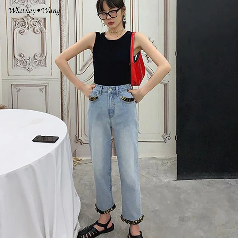 WHITNEY WANG 2020 модные уличные атласные гофрированные лоскутные джинсы женские