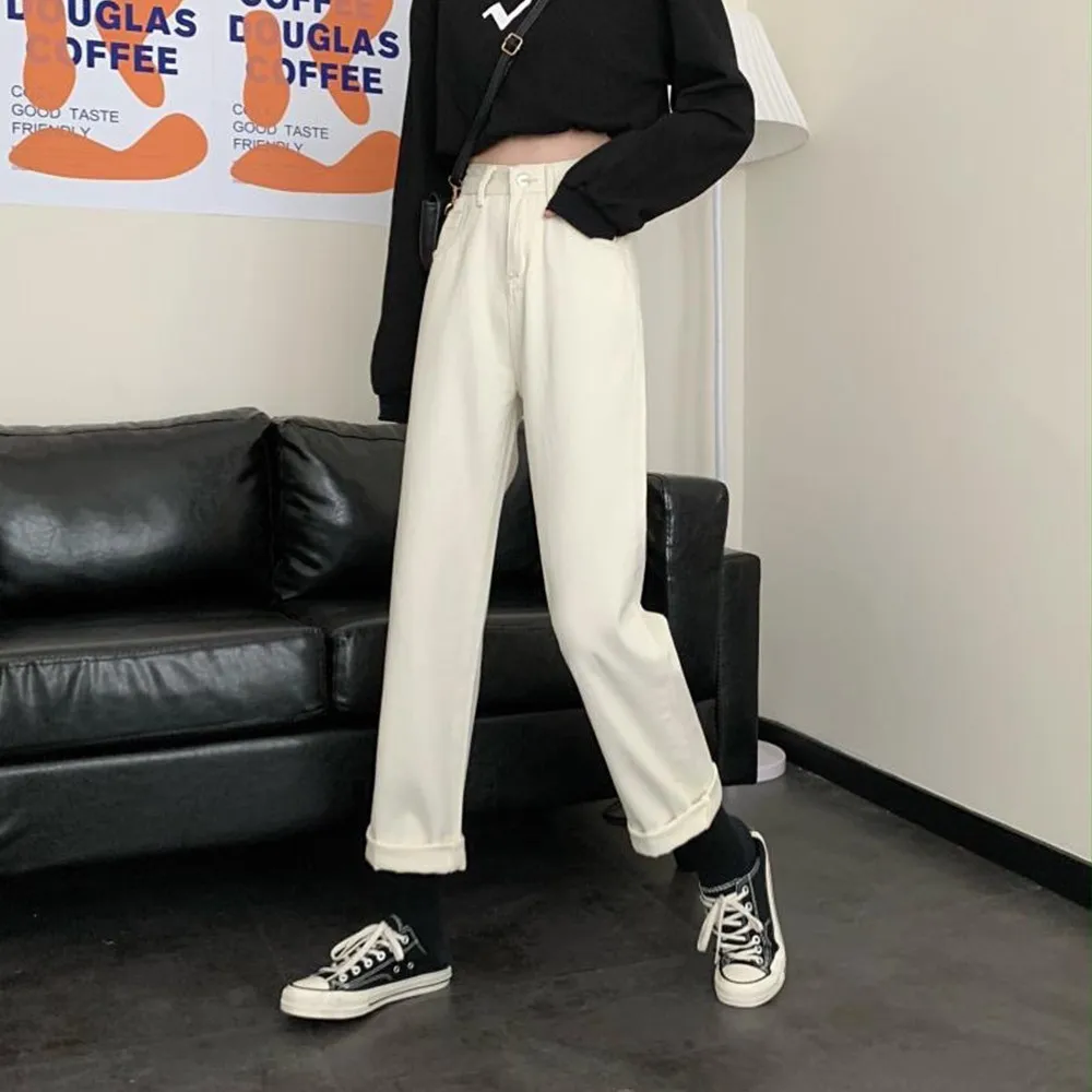 

French Loose High Waist Thin Women Pants Fashion Simple Casual Solid Pants Girls All-Match Fresh White Jeans