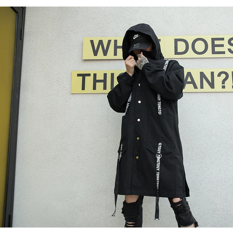 

Autumn winter personality fashion streetwear men hooded windbreaker long casual hip hop punk homme trench coat