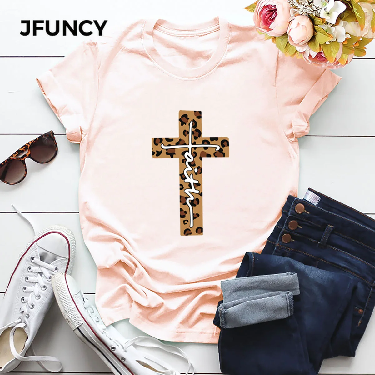 JFUNCY Cross Print T Shirt Women Summer Shirts 100% Cotton Short Sleeve Woman T-shirt Oversize Casual Female Tees Tops