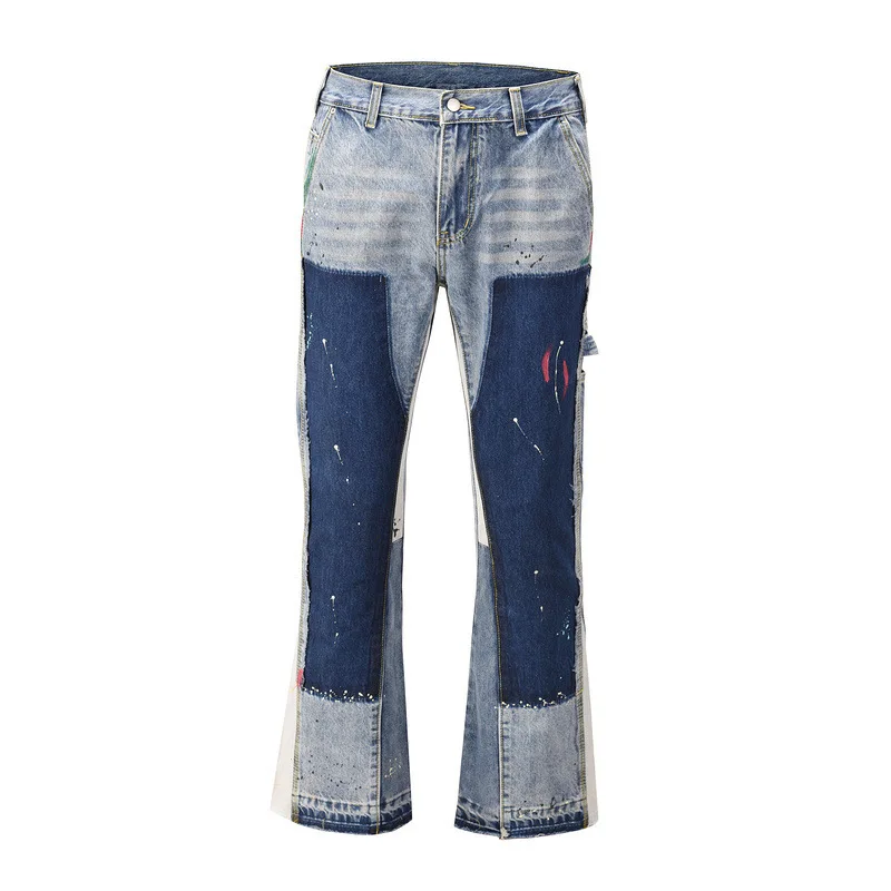 

Streetwear Patch Mens Wide Leg Jeans Hip Hop Distressed Splash Ink Flare Jeans Urban Heavy Wash Blue Slim Fit Denim Pants Men