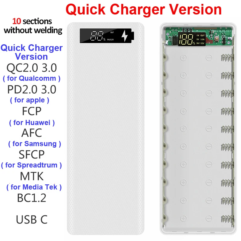 Welding Free 10*18650 Battery Storage Box Dual USB Mobile Phone Charge QC 3.0 PD DIY Shell 18650 battery Holder Charging Box