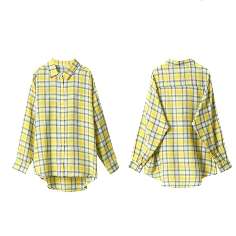 

2021 Summer New Women Plaid Shirt Office Lady Blouse Turn-down Collar Sunscre Casual Female Shirt Loose Full Sleeve Elegant Tops
