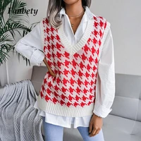 2021 autumn v neck casual loose knit vest sweater women fashion all match pullover tops college style diamond print tank sweater