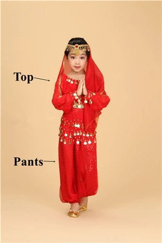 Red 2pcs Костюм для танца живота с длинными рукавами, детский индийский костюм для танца живота, одежда для сцены, танцевальные костюмы для девочек - Цвет: Red 2pcs