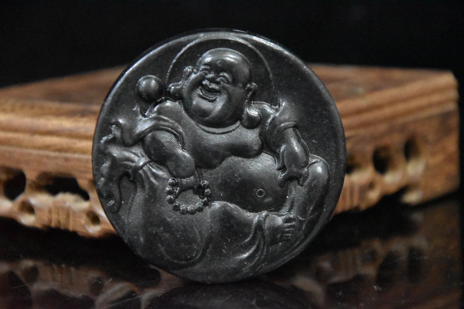 

China Hongshan Culture Black Iron Meteorite Sculpture' Maitreya Buddha Brand 'Statue Handicraft Home Decoration#2