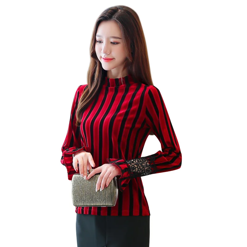 Осенние женские блузки корейская мода женская полосатая рубашка большие размеры