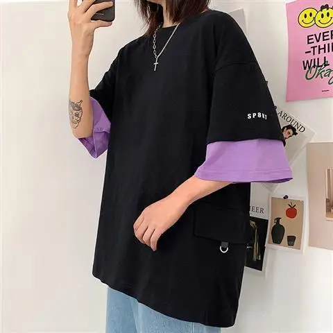 

Летняя футболка в стиле пэчворк для мужчин и женщин, футболка в стиле Харадзюку, футболки, топы, альтернативная одежда, корейская мода, одежд...