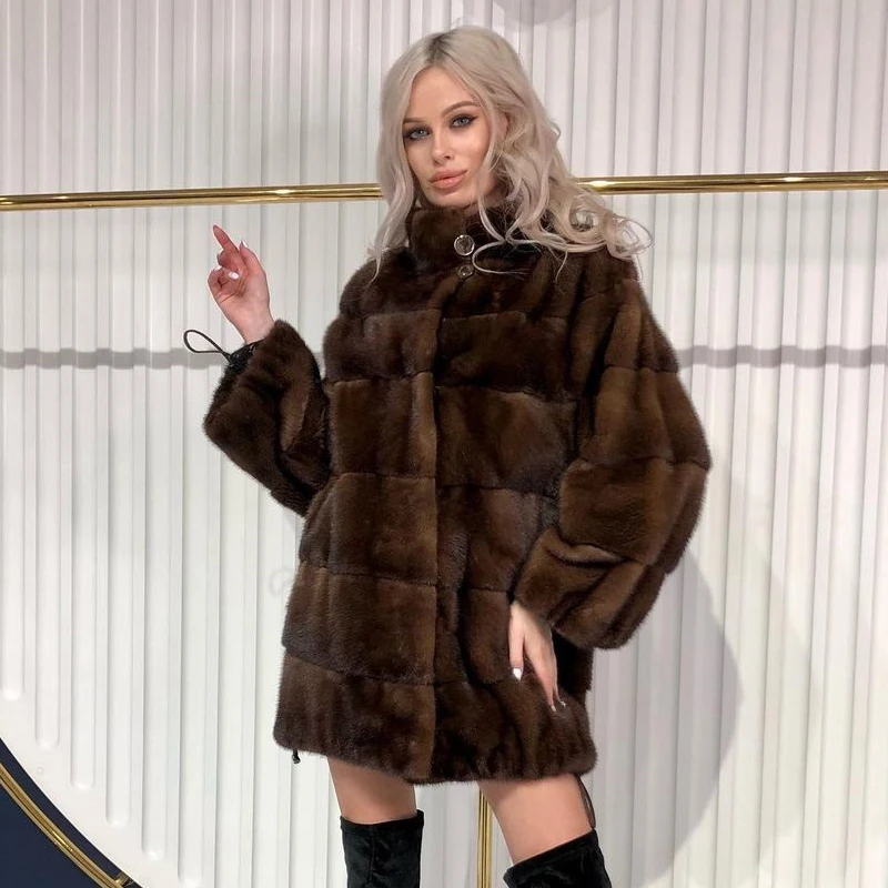 

Fashion Cofffee Color Real Mink Fur Coats for Women Winter 2021 New Full Pelt Natural Mink Fur Coat Medium Length Stand Collar