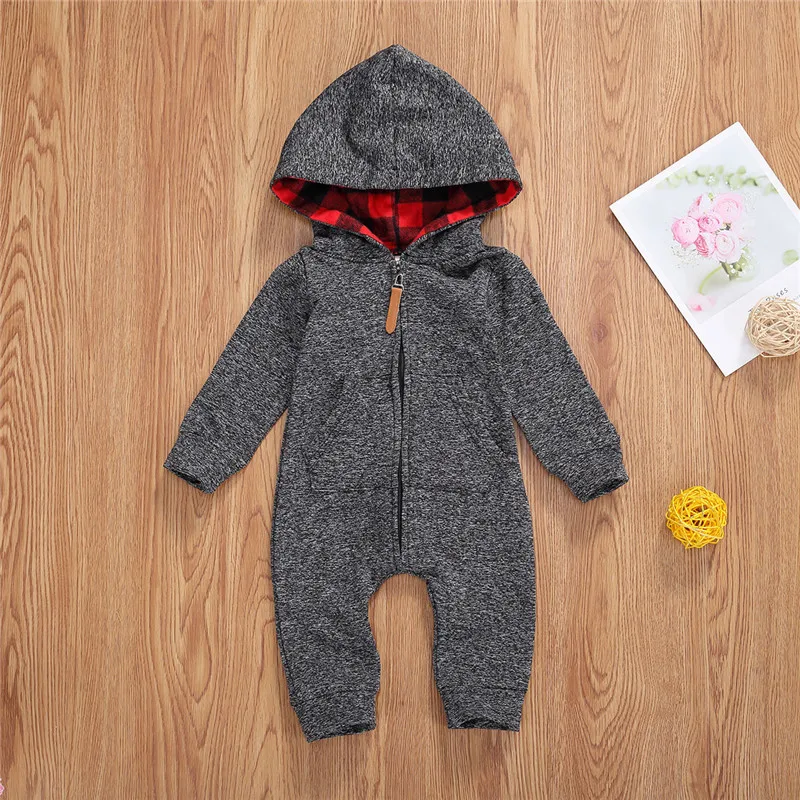 2020 Autumn Baby Boys Girls Hoodie Jumpsuit Zipper Long Sleeve Romper Outfit with Pocket 0-18M