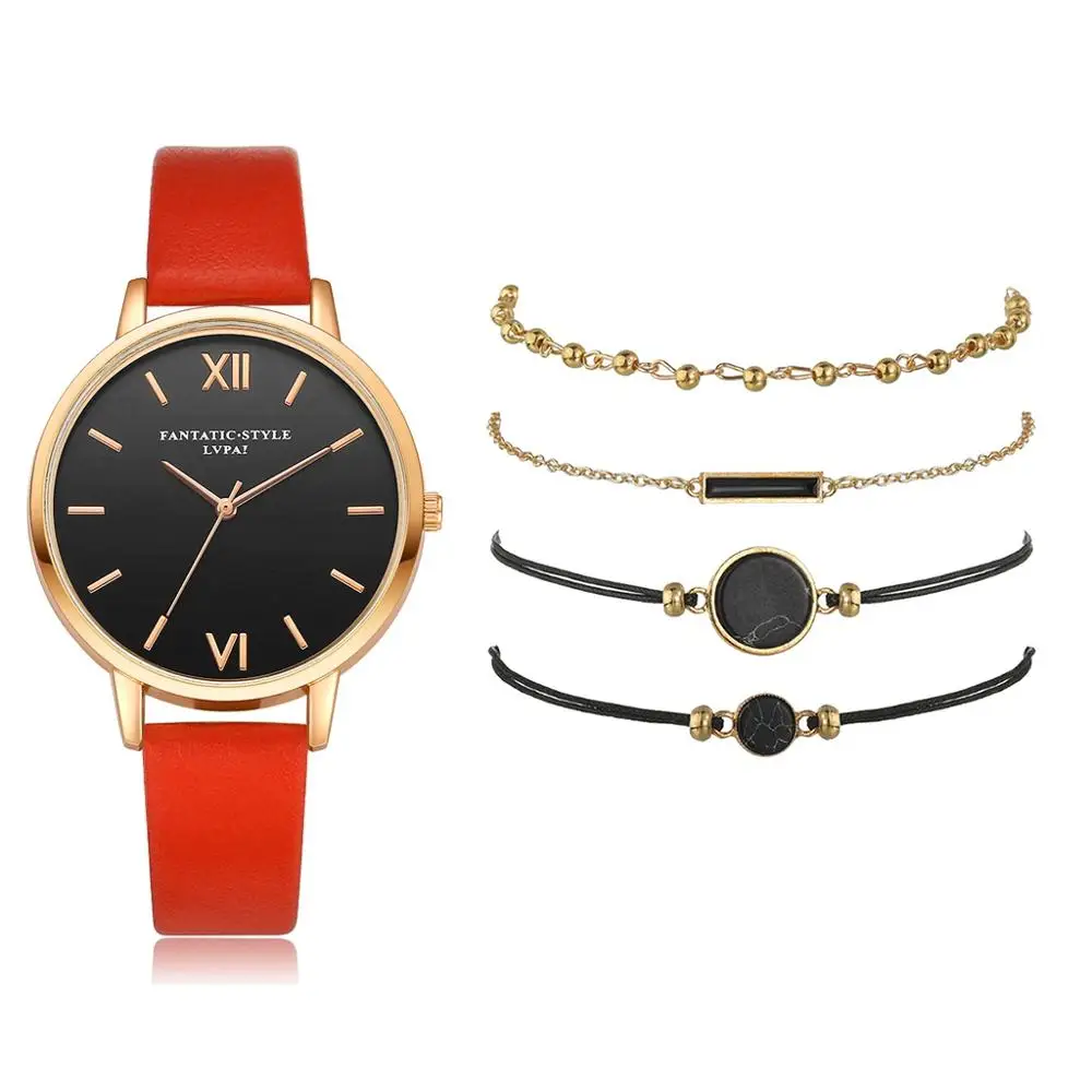 

5Pcs Set Top Stijl Mode Vrouwen Luxe Lederen Band Analoge Quartz Horloge Dames Horloge Vrouwen Jurk Reloj Mujer zwarte Klok