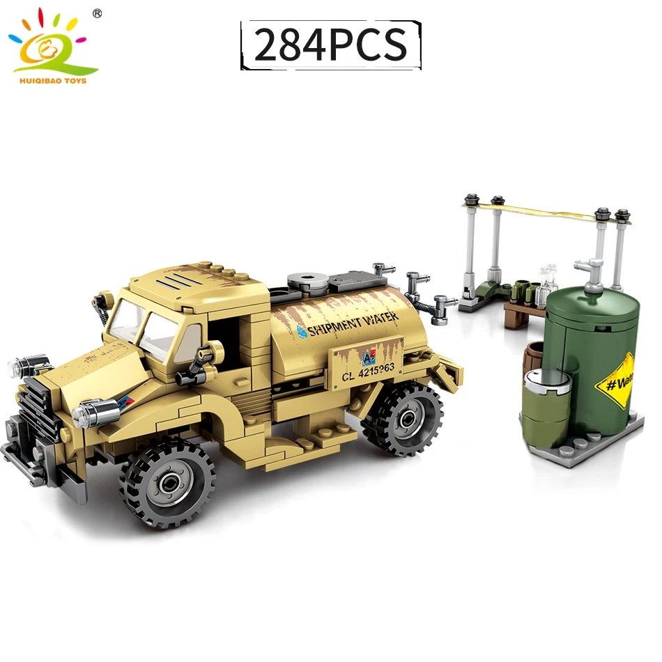 HUIQIBAO 284 шт. Военный Грузовой автомобиль с водным танком строительные блоки
