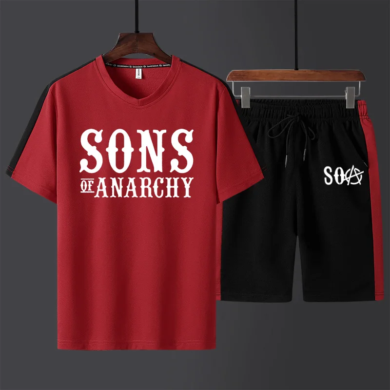 

Summer Men's suits SOA Sons of anarchy the child SONS Printed Solid color stripe Casual Men's short sleeve+shorts 2-piece set