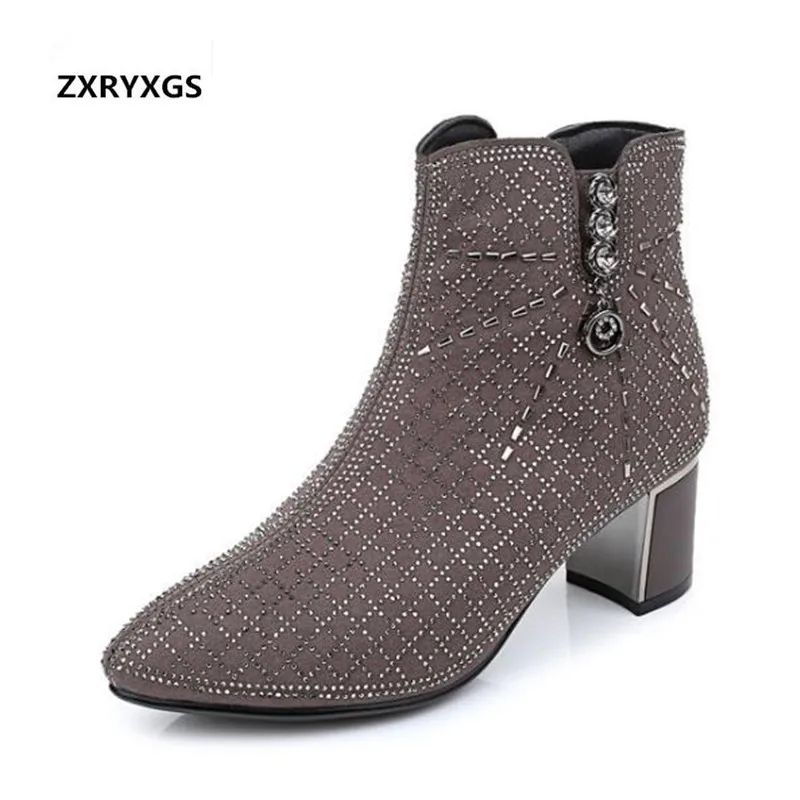 

2021 New Autumn and Winter Pointed Korean Rhinestone Shoes Women Boots Thick with High Heel Shoes Fashion Boots Warm Snow Boots