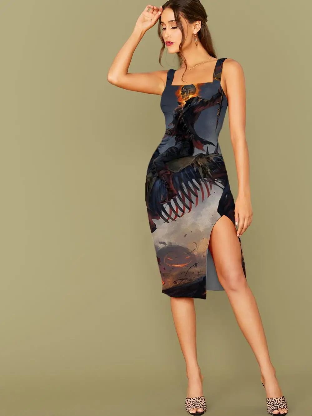 

Женское платье с 3D-принтом в виде черепа, с Боковым Разрезом