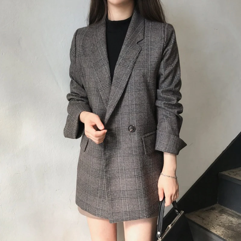 

SWEETKAMAWomen's Check Long Sleeve Cotton Jacket Causual Vintage Coat Plaid Blazer