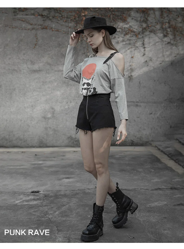 Женская футболка в стиле панк с принтом Goth Skull и полосками PT034|Футболки| |