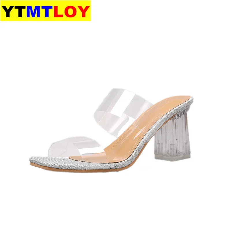 Новые летние босоножки золотистого цвета Прозрачные Высокие каблуки тапочки