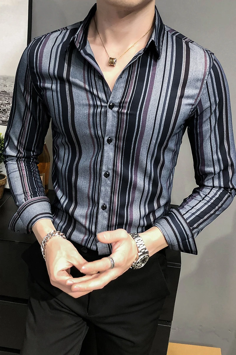 

Quality Men's High Shirt Striped Business Casual Formal Shirt Slim Fit Long Sleeve Social Party Dress Shirts Camisa Masculina