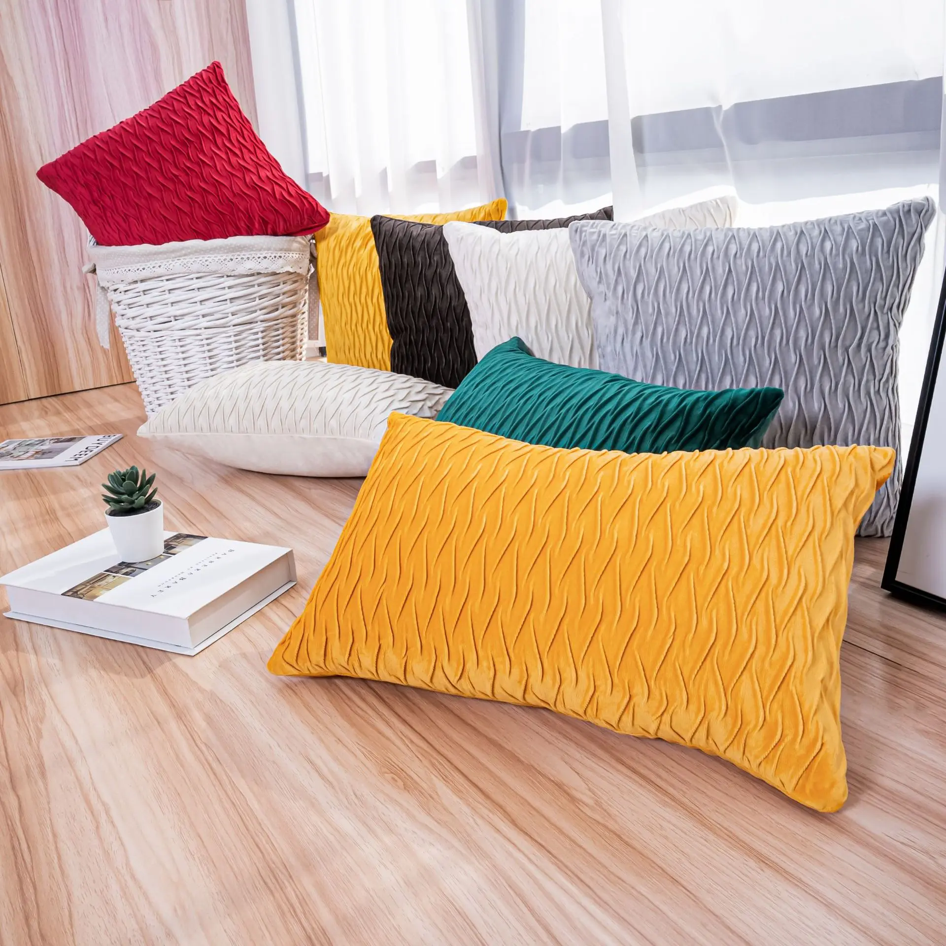 Cojines de almohada decorativos con pliegues de rayas onduladas, funda de cojín de tela de terciopelo para sala de estar, sofá, cama, decoración del hogar