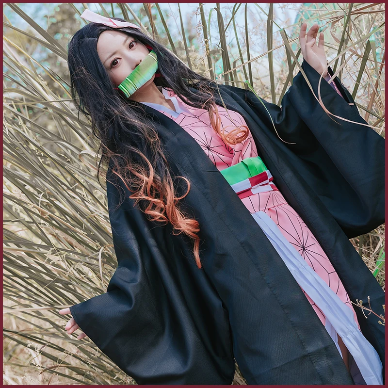 Kamado Nezuko Anime Cosplay Costume Wig Demon Slayer Kimetsu no Yaiba Kimono Uniform Cloak Full Set Halloween Gradient hair |