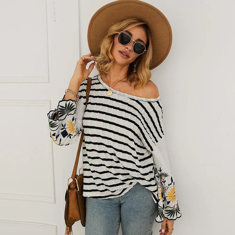 Женская Повседневная Блузка с вышивкой в полоску Винтажные белые рубашки одежда