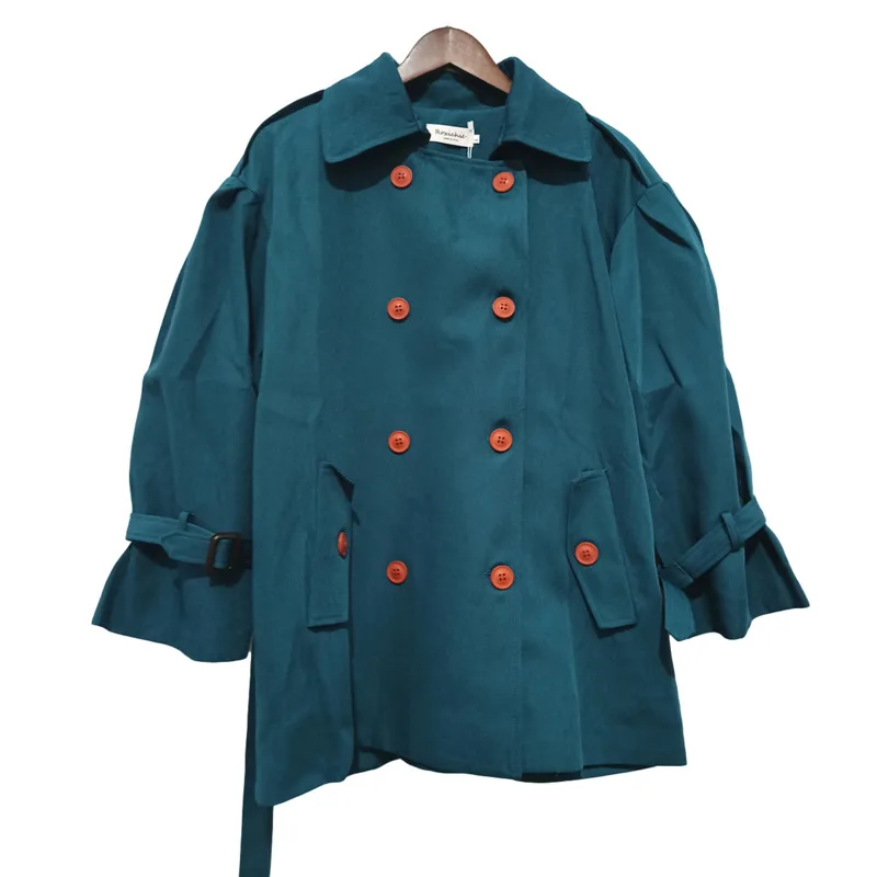 

LANMREM 2021 autumn oversized waist-tight short style trench turn-down collar belt Double Breasted high waist coat women 2A233