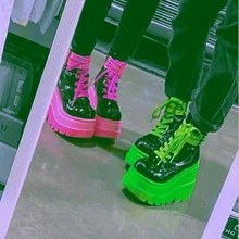 Botas de suela gruesa con cordones para mujer, botines de moto de punta redonda con cremallera, zapatos informales de tacón alto, novedad de otoño, 2021 (1)