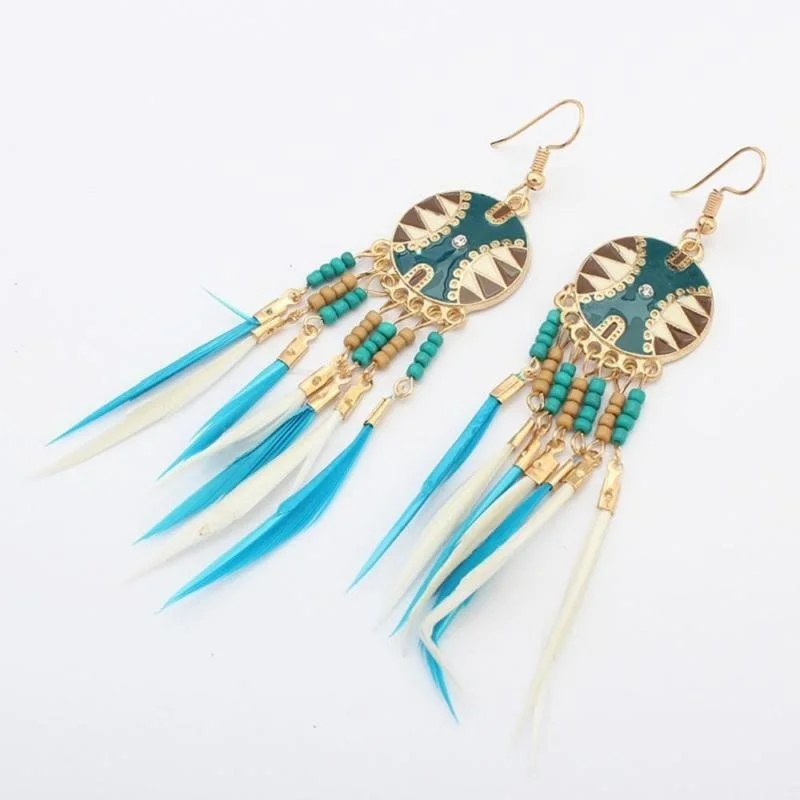 Модные женские богемные Висячие винтажные длинные серьги с перьями для девушек и