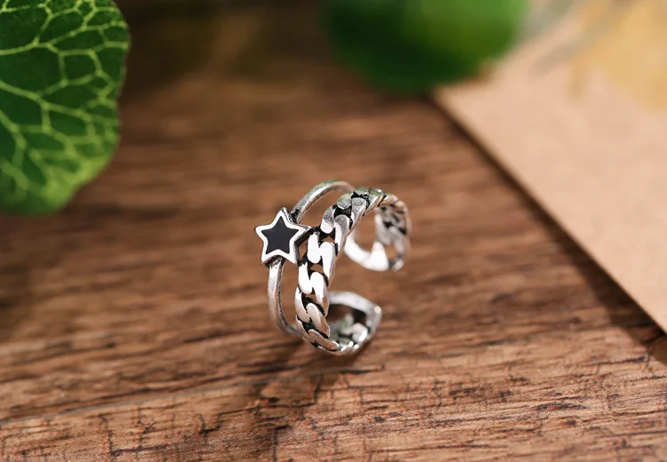 100 925 Sterling Silver Fashion Vintage Black Star Flower Ladies Finger Rings Jewelry Women Open Party Ring Never Fade Cheap