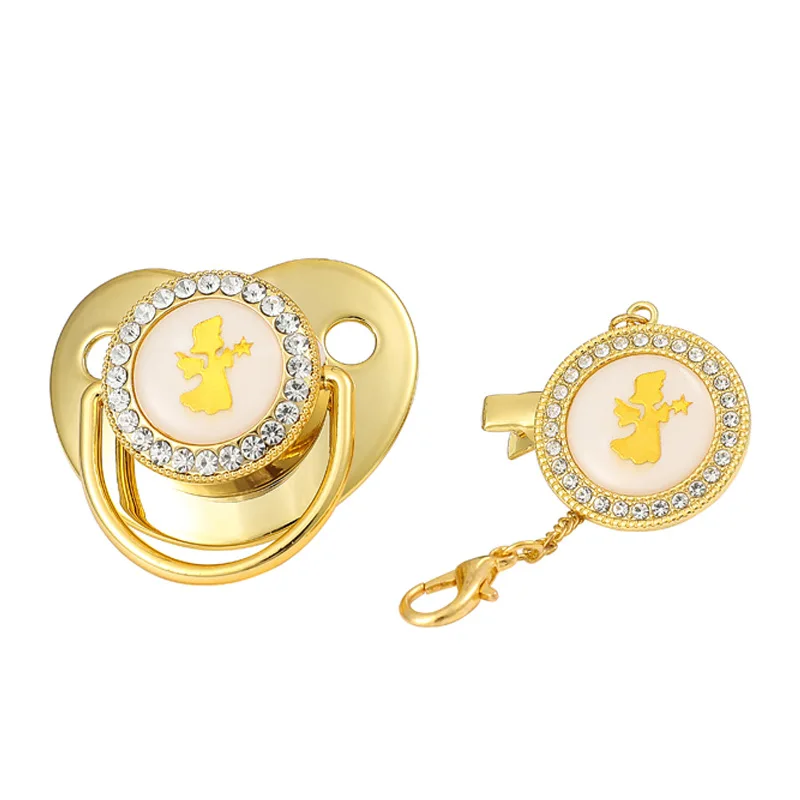 

Golden Angel Baby Pacifier And Clip Chain BPA Free Silicone Infant Rhinestone Nipple Soother 0-18 Month Shower Gift Baby