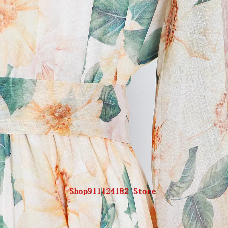 

2021 Spring New Fashion Temperament Round Neck Printing Waist Tie Long Medium Sleeve Dress For Women