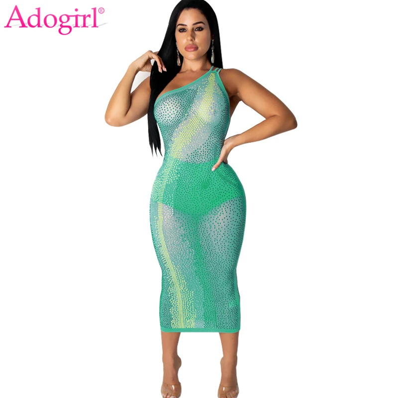 Adogirl бриллианты прозрачное Сетчатое женское сексуальное платье на одно плечо с