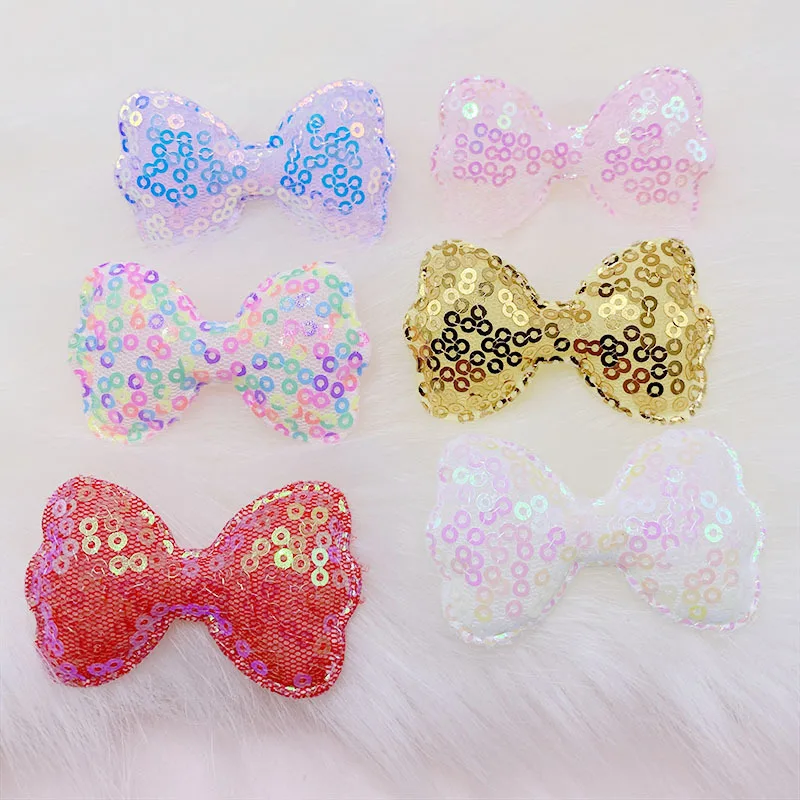 

30Pcs/LOT 5.5*3.5CM Sequin Fabric BowKnot Padded Appliques For DIY Handmade Children Hair Clip Accessories Patches