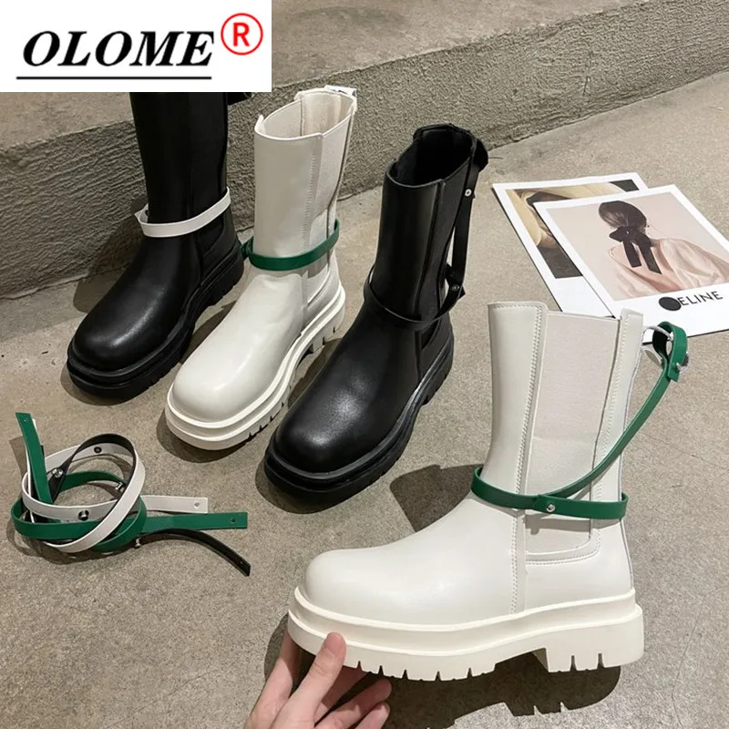 

2021 Autumn Retro Ladies Belt Buckle Boots Round Toe Non-slip Platform Shoes Chesil Smoke Boots