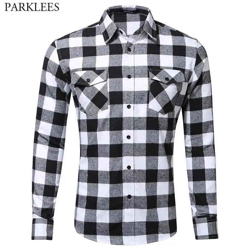 

Men's Plaid Checked Brushed Flannel Shirt Double Pocket Button Down Western Shirt Men Casual Out Camp Hanging Work Chemise Homme