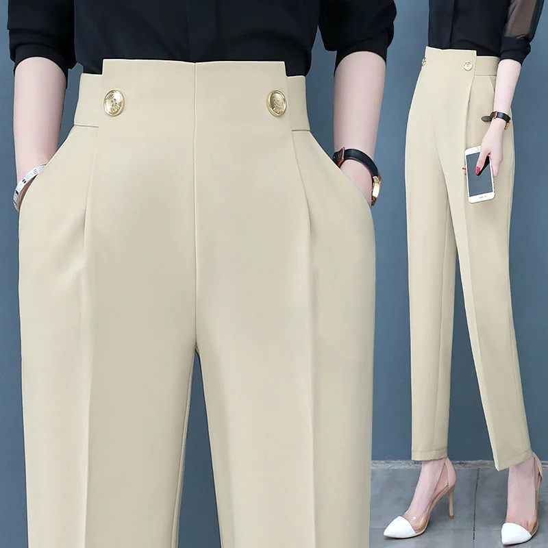 

Корейские женские повседневные уличные брюки, офисные женские элегантные шикарные дизайнерские капри на пуговицах с высокой талией, прямы...