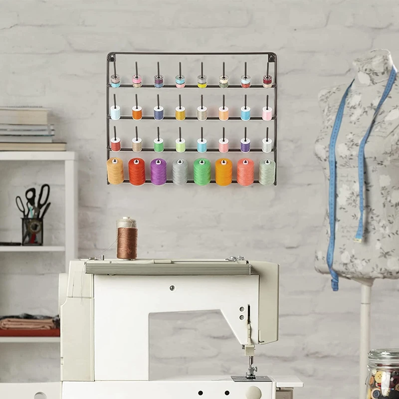 

32 Spools Sewing Thread Rack 2 Pack, Wall Mounted Metal Sewing Thread Holder Organizer, Storage with Hanging Hooks
