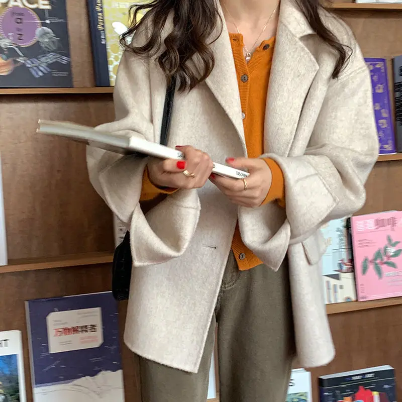 

Blends Women Oversized Double Breasted BF Coat Solid Charm Clothes Wool Warm Trendy Wide-waisted Mujer 2021 Popular Design Teens