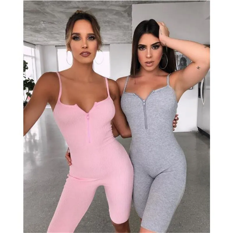 

2020 Sexy Women Deep V-neck Front Zipper Jumpsuit Rompers Sleeveless Strap Bodycon Solid Bodysuit Jumpsuit Sport Shorts Trousers