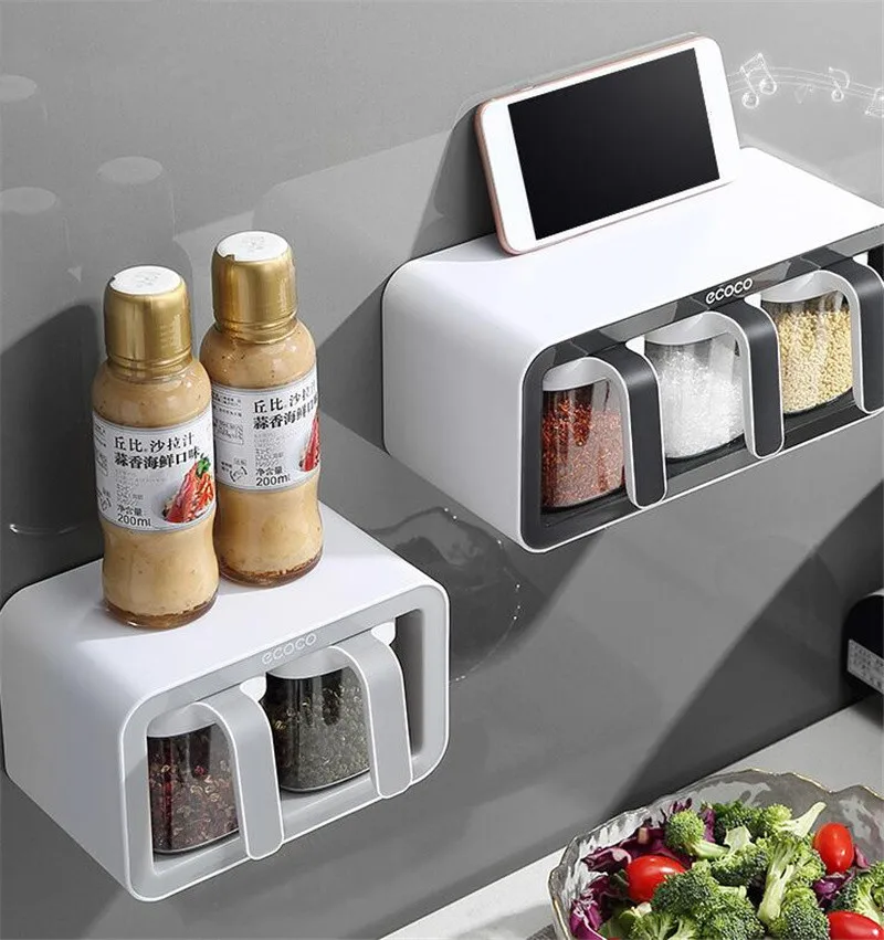 

Wall Mount Spice Bottle Sugar Bowl Salt Seasoning Box Container with Spoons Kitchen Storage Shelf Kitchen Supplies Set
