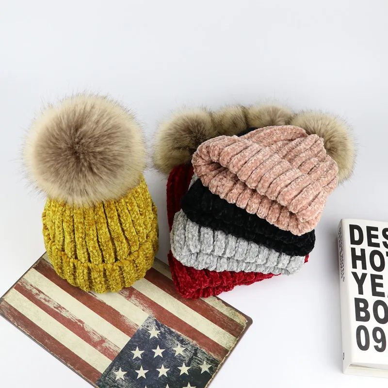 Новинка зимние теплые шапки с пышной опушкой из искусственного меха Pom pom трикотажные Шапки шапки бини шапки Для женщин Кабельное вязаные Skullies с ботиночки с помпончиками завитые без полей для мужчин