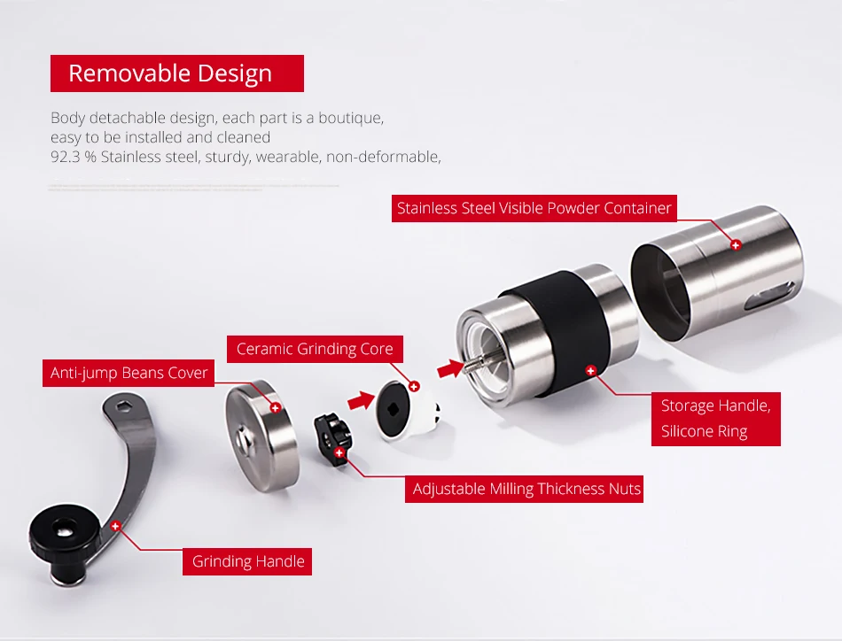 Ручная керамическая кофемолка из нержавеющей стали регулируемая мельница для